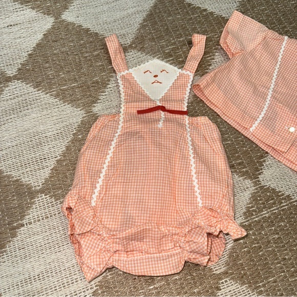 Vintage 80s Nanette baby set gingham embroidered trim romper ruffle cardigan top - Picture 2 of 9